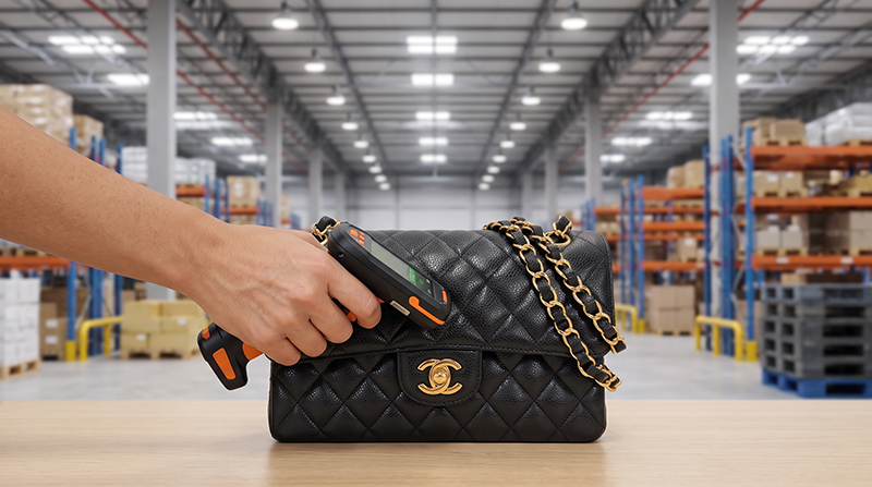 Hand scanning a luxury handbag with a smartphone