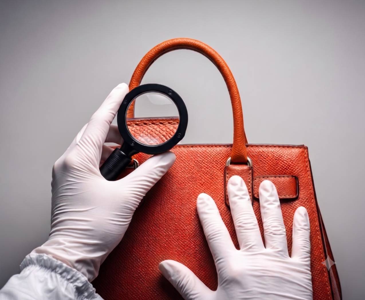Authentication specialist inspecting a luxury handbag with a magnifying glass